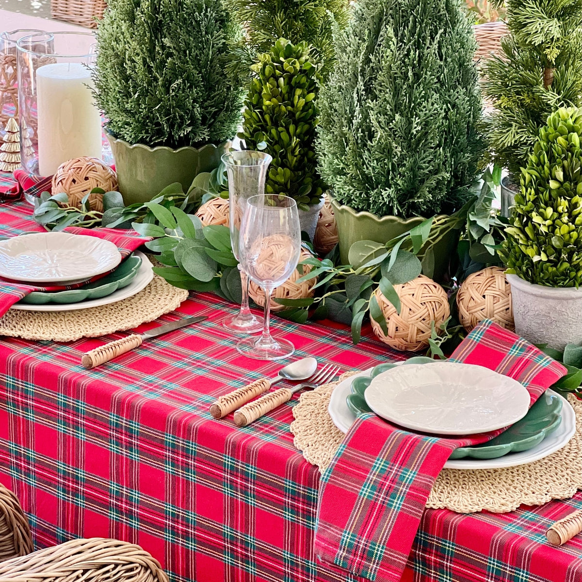 A large red tartan plaid handwoven cotton tablecover with matching red checkered napkins for a 10 to 12 seater table, an everyday dining linen for relaxed Australian gatherings.