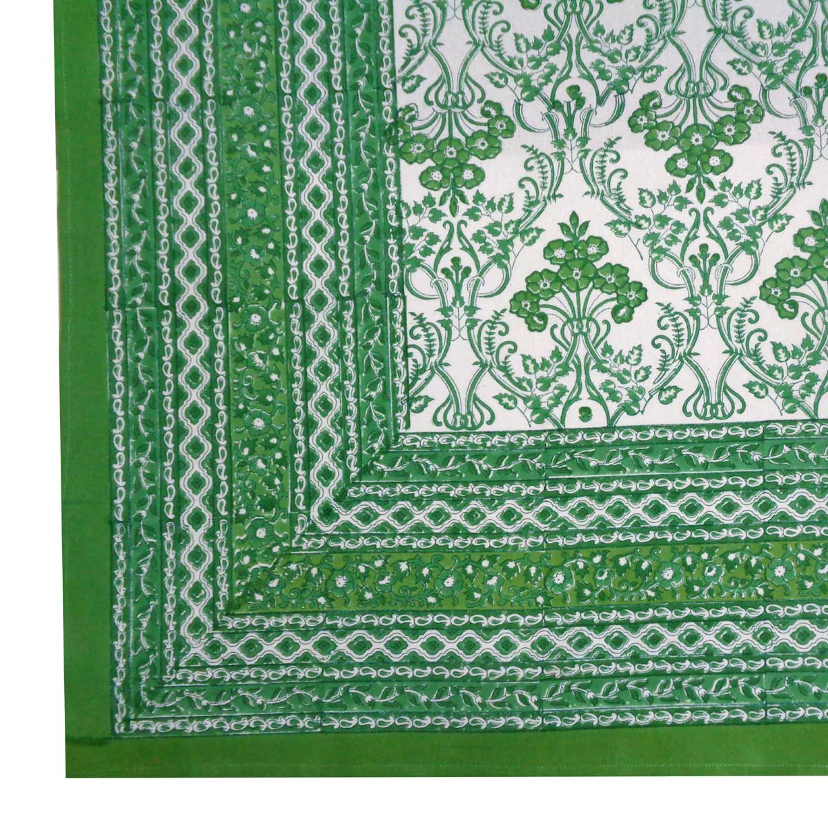 Design closeup of green and white patterned fabric with intricate floral border designs