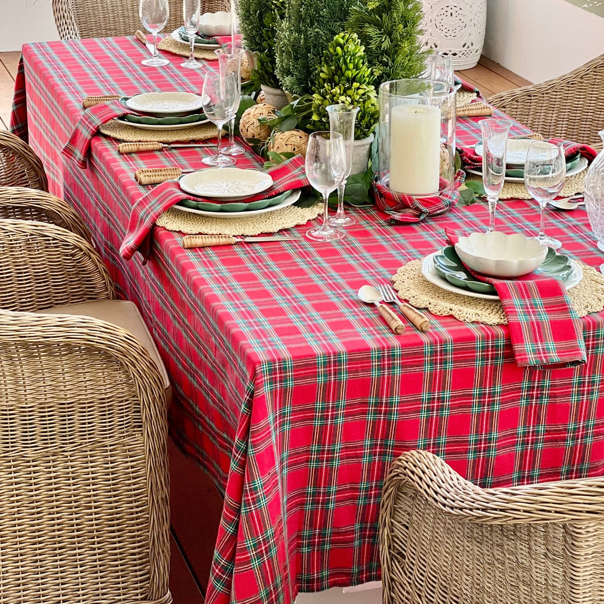 Classic Stewart tartan tablecloth with festive holiday setup