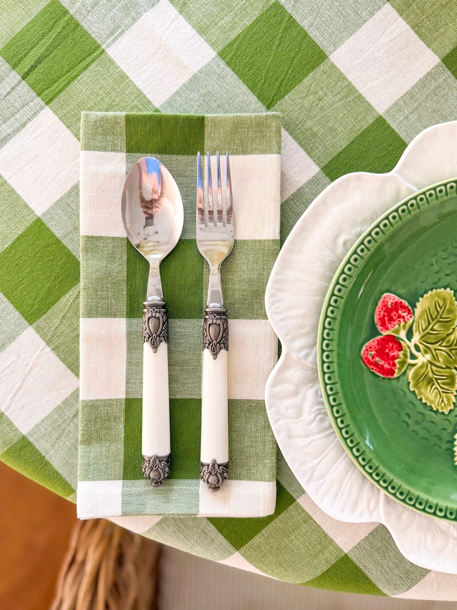 Green Gingham Check Round Tablecloth