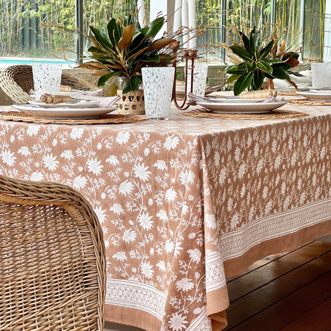 Large rectangular cotton tablecloth featuring australian native flannel flower pattern hand block printed