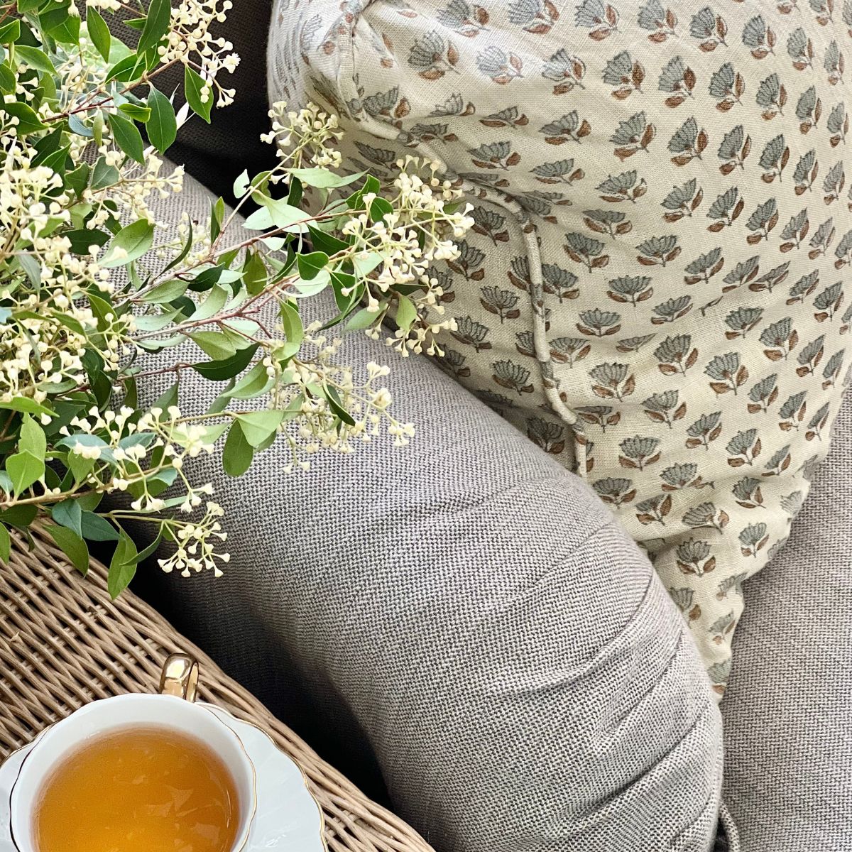 Hand block printed grey lotus buti linen cushion cover 50 x 50 cm