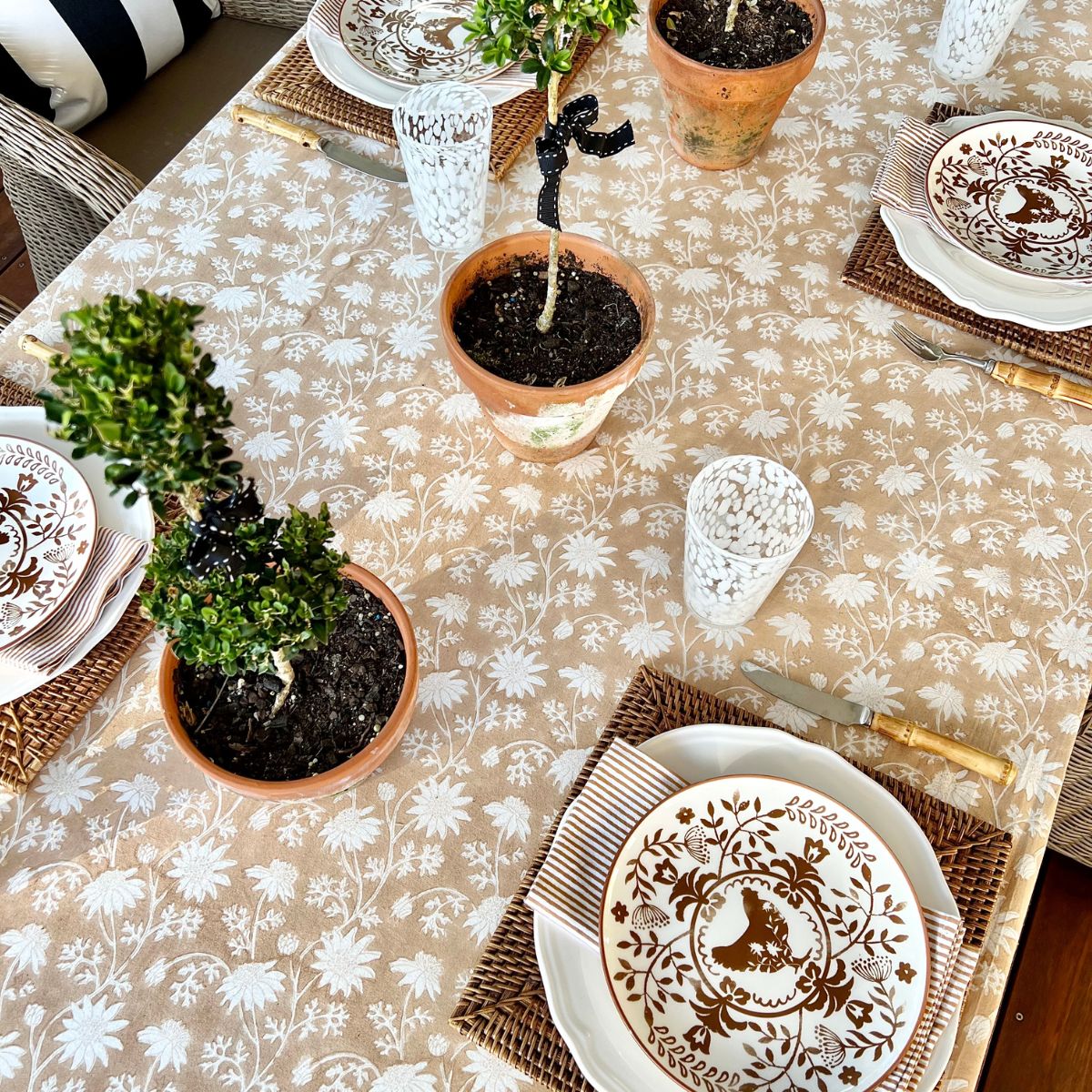 Hand block printed flannel floral pattern rectangle table linen in beige color
