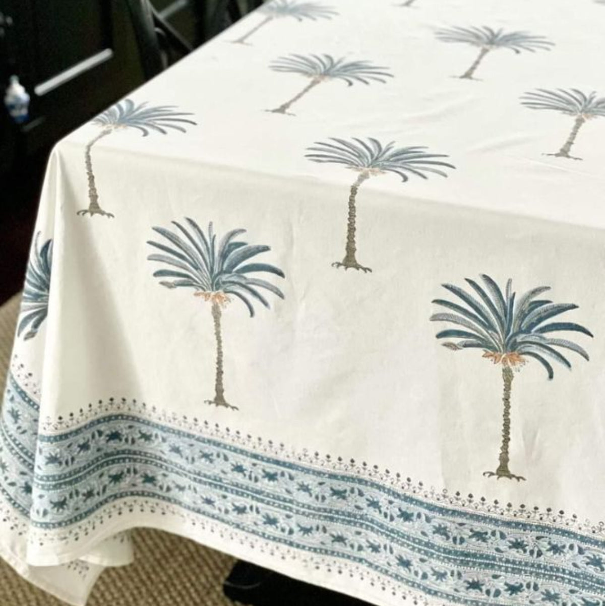Hand block printed Blue grey palm motif on square cotton tablecloth