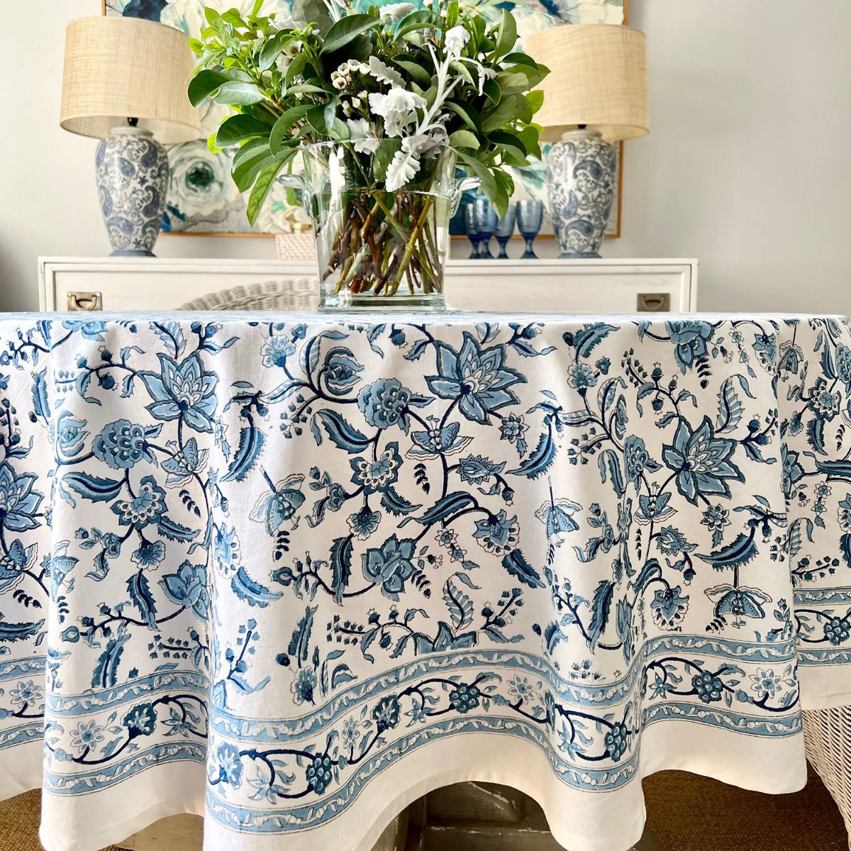 A 220 cm Chintz monochrome blue hand block printed cotton round tablecover for an 8 seater circular table, a bold and versatile everyday dining linen for relaxed Australian dining through every season.