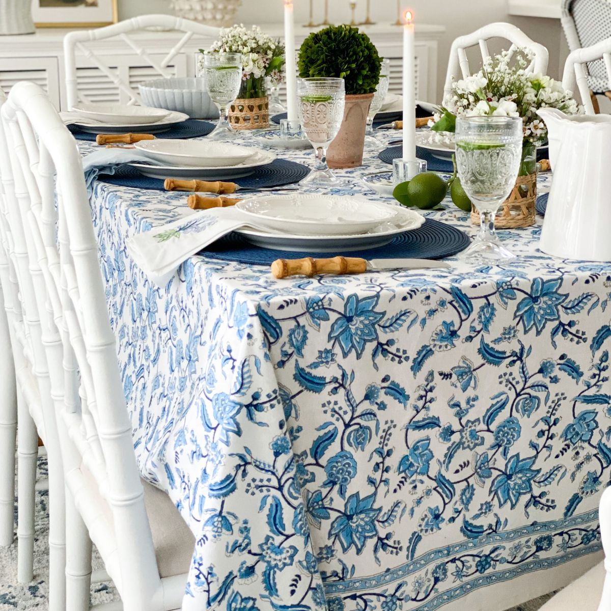A 180 x 270 cm Chintz monochrome blue hand block printed table linen for an 8 to 10 seater table, perfect for a relaxed alfresco summer lunch or casual outdoor entertaining.