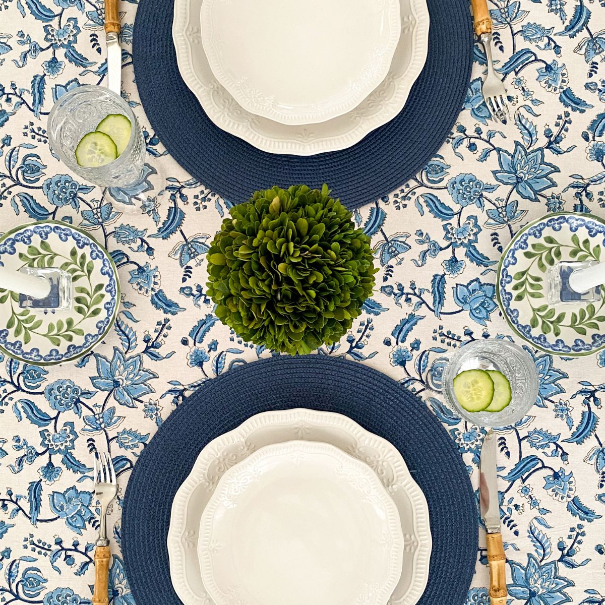Top view of 180 x 300 cm Chintz monochrome blue hand block printed cotton tablecloth for a 10 seater dining table, a striking everyday dining linen for easy Australian summer hosting.