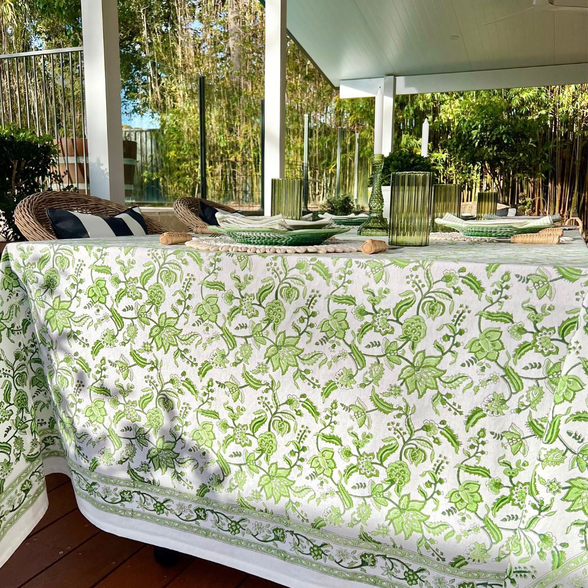 A 150 x 260 cm Chintz monochrome green hand block printed table linen for a casual dining table, a versatile everyday tablecover in rich green floral block print on premium cotton.
