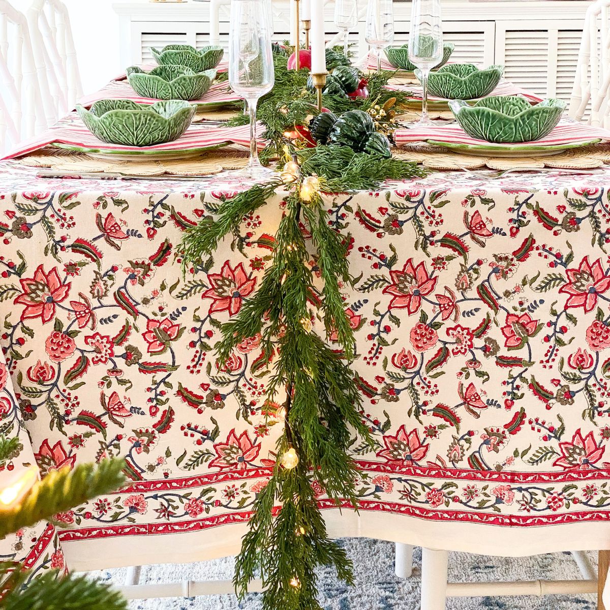 A large Chintz multicoloured hand block printed cotton tablecloth for a 10 to 12 seater Christmas table, a striking festive tablecover for generous Australian holiday gatherings.
