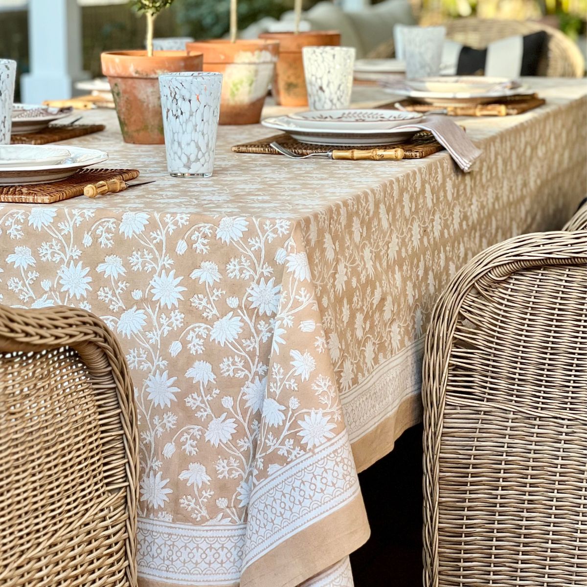 Large rectangular hand block printed tablecloth featuring australian native flannel flower pattern