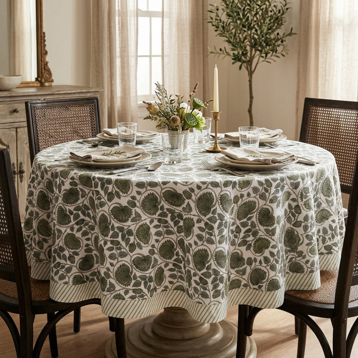 A 180 cm green lotus hand block printed cotton round tablecloth draped on a white table against a clean white background, showing the rich green floral lotus pattern with striped edge.