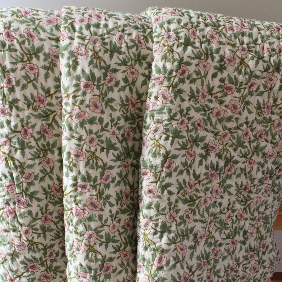 Pink Blooms pink and green reversible cotton quilt- King and Queen
