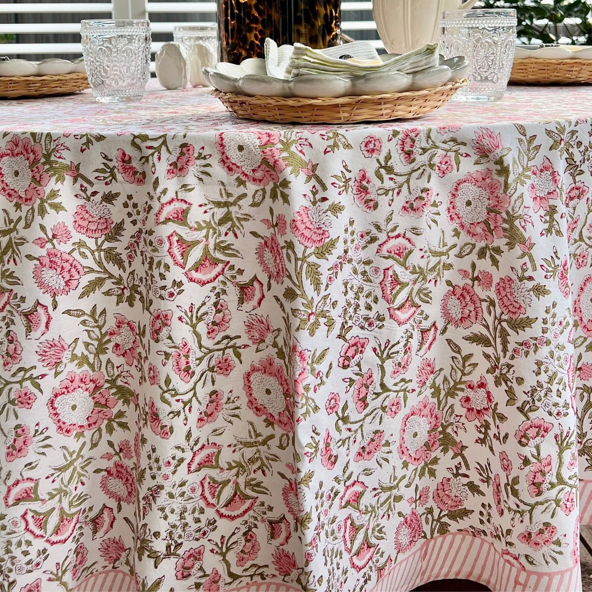 hand block printed pink round 8 seater tablecloth