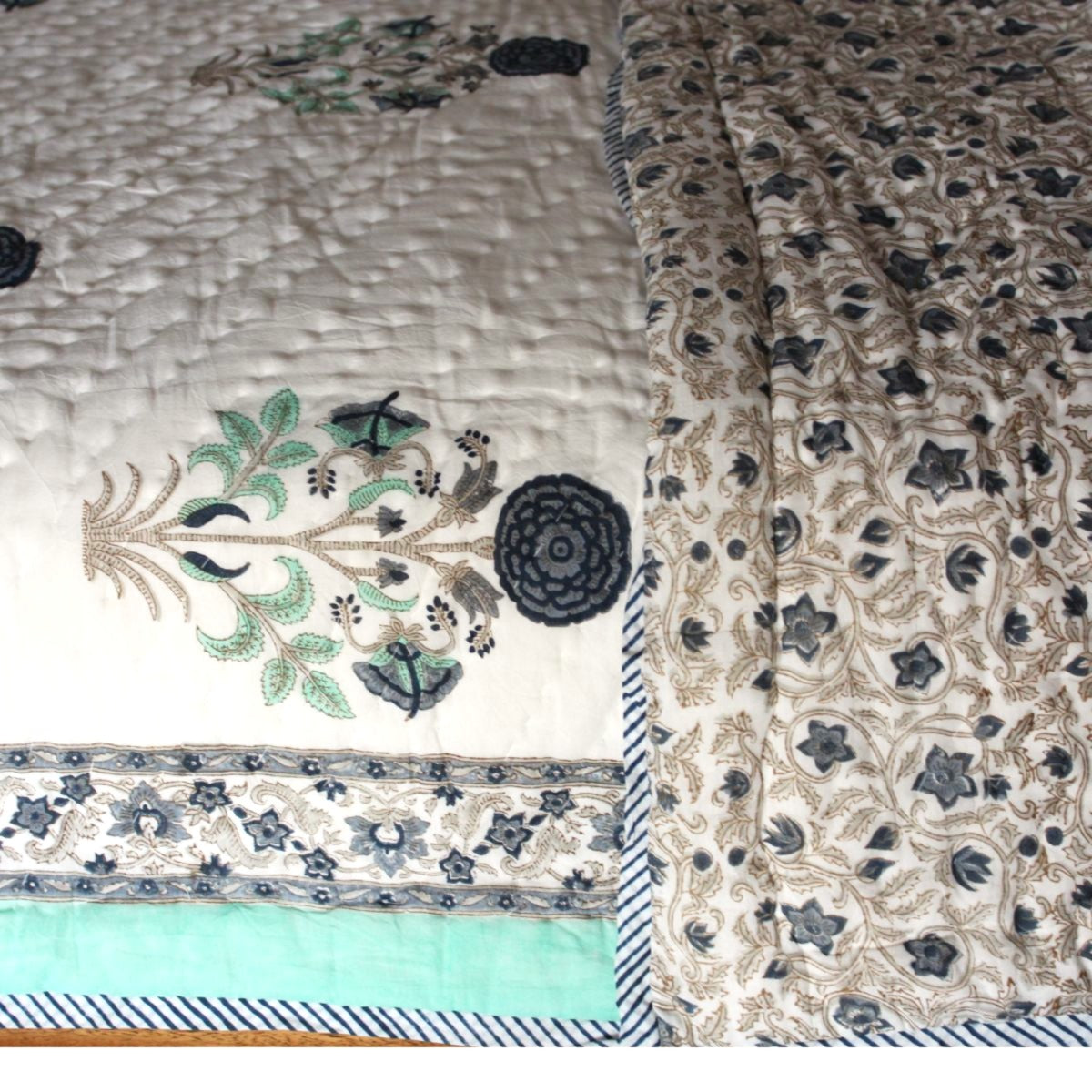 Close-up of a quilt with floral and geometric patterns