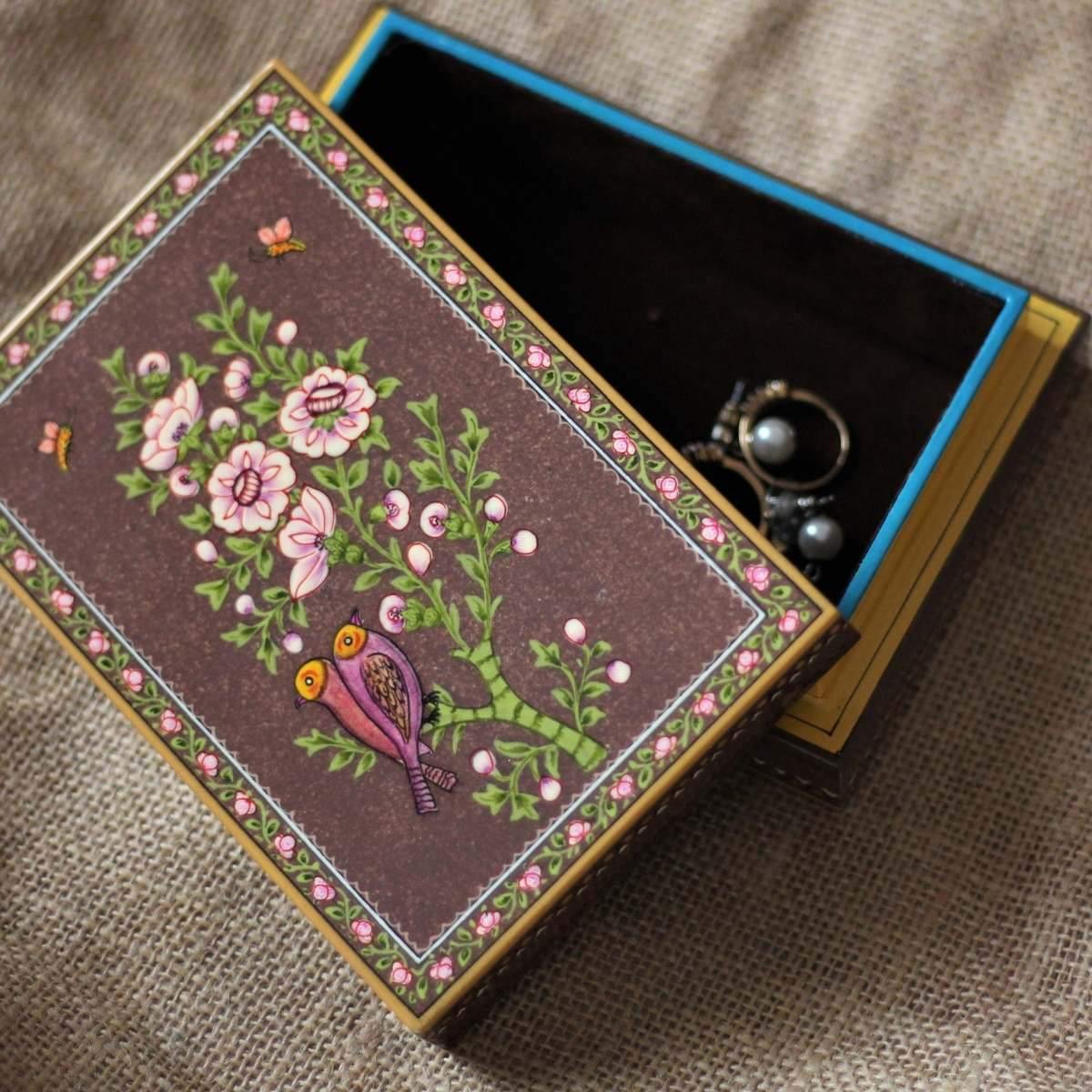 Hand-painted Blossom Brown wooden keepsake box designed to hold jewellery, photographs, crystals, and treasured personal items.