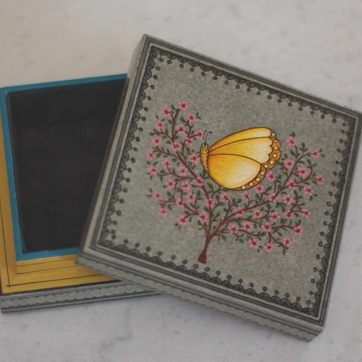 Decorative Butterfly Beauty velvet timber keepsake box featuring intricate artwork and practical storage for rings, crystals, stationery, and personal treasures.