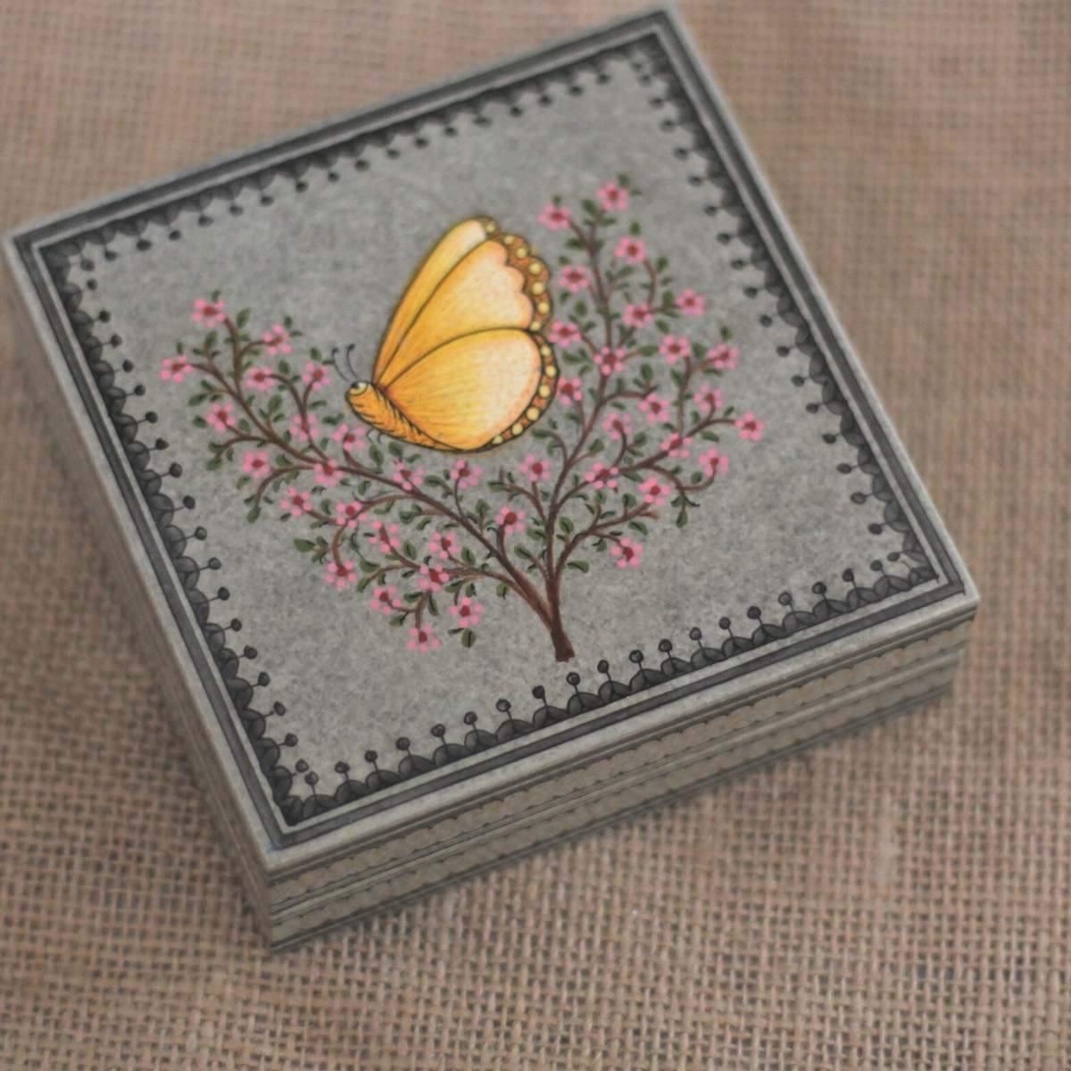 Artisan-crafted Butterfly Beauty wooden box ideal for keepsakes, tea bags, cosmetics, small accessories, and thoughtful gifting.