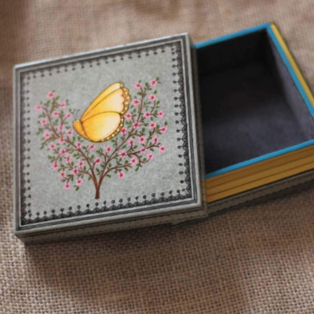 Hand-painted Butterfly Beauty wooden keepsake box designed for storing jewellery, photographs, letters, trinkets, and treasured mementos.