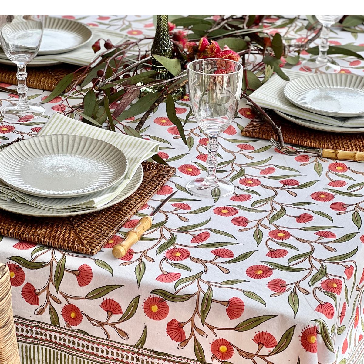 Hand block printed rectangular tablecloth featuring Australian native red gums floral pattern on cotton.