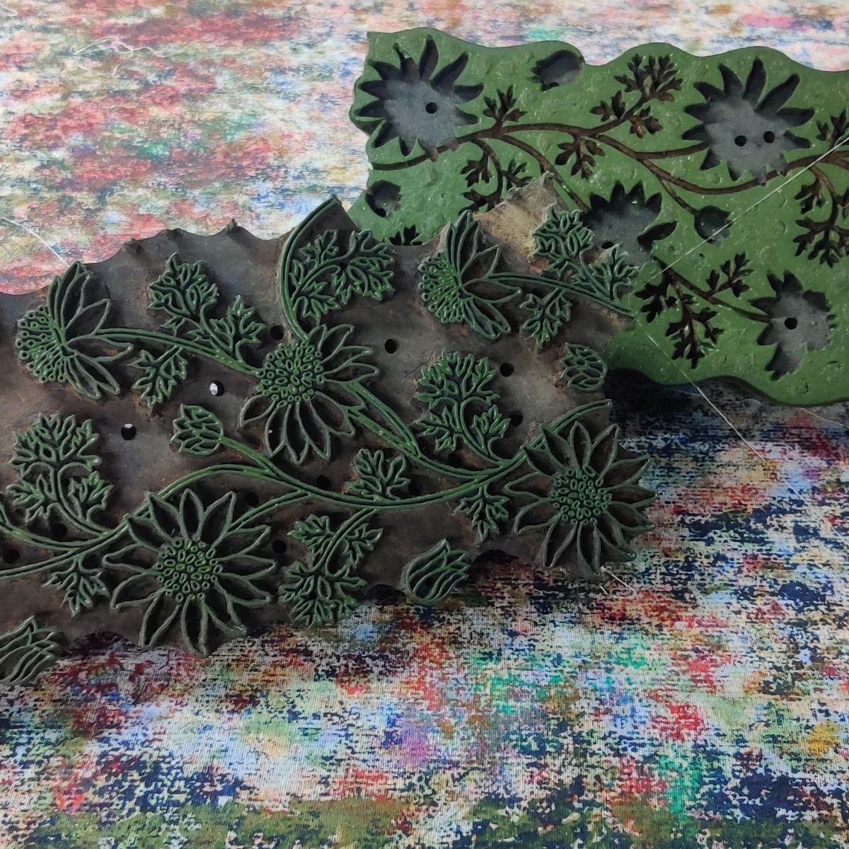 Hand-carved wooden printing block used to create the Flannel Flowers cotton tablecloth collection, available in 150 x 220 cm, 150 x 280 cm, 180 x 270 cm, 180 x 300 cm, and 180 x 340 cm sizes.