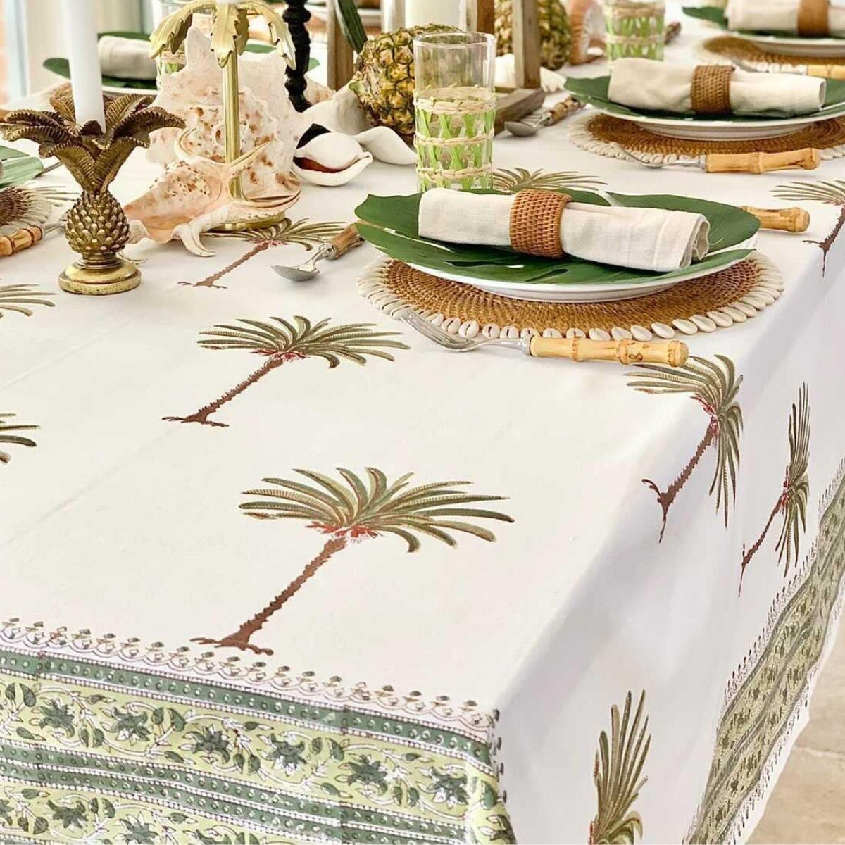 Hand block printed palm tree green tablecloth for coastal homes