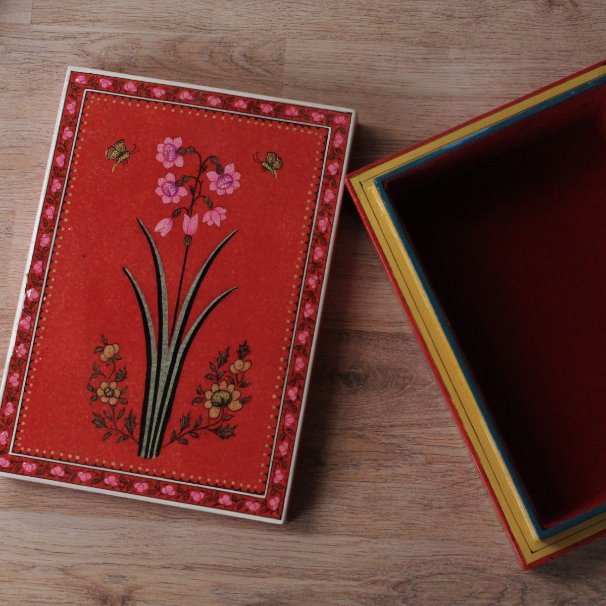 Decorative Hollyhock Happiness timber keepsake box designed to store jewellery, photographs, stationery, and treasured possessions.