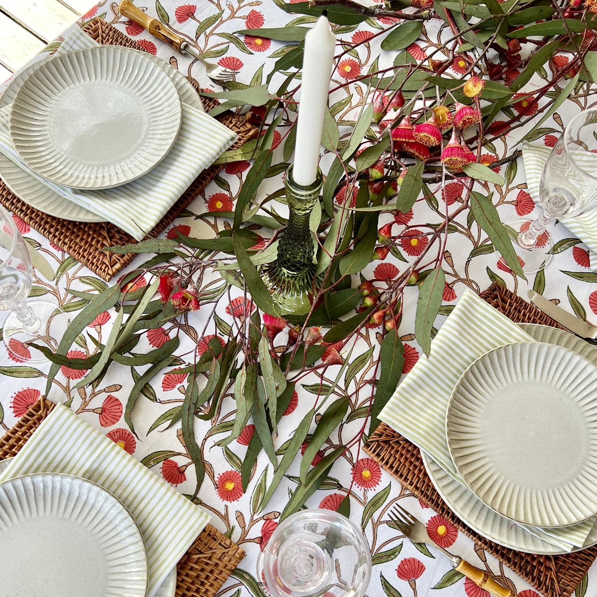 220 cm Red Flowering Gums square tablecloth creating a welcoming setting for relaxed lunches and entertaining.