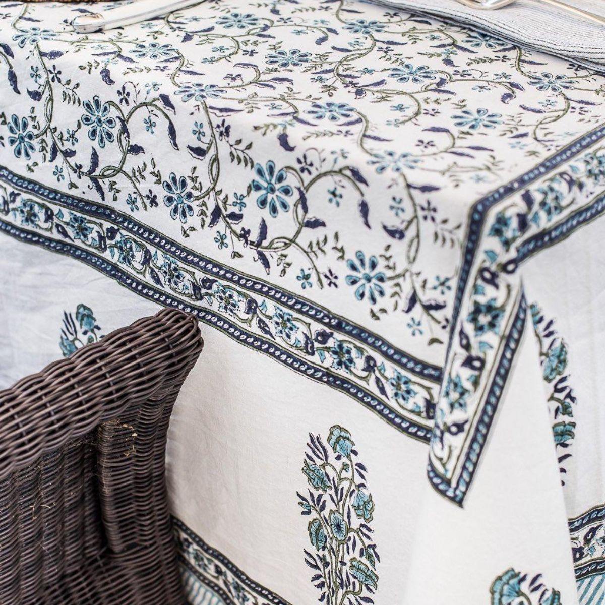 Hand block printed Blue green floral pattern on white cotton square tablecloth 180 x 180 cm.