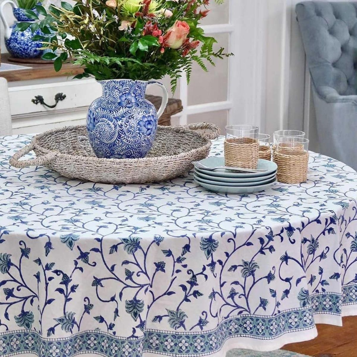 Tropical Garden ~ Round Table Cloth, Indian Tablecloth, Handblocked Print Table Linen, popular Circle Tablecloth, Floral Table Cover, Thanksgiving