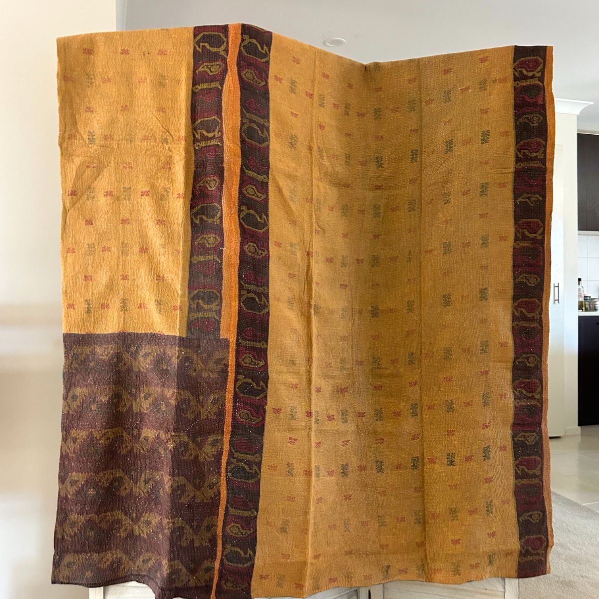 Vintage Kantha Quilt 7- Yellow, brown, blue, purple