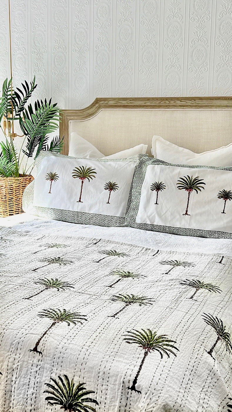 Green Palm Tree Kantha quilt/bedspread