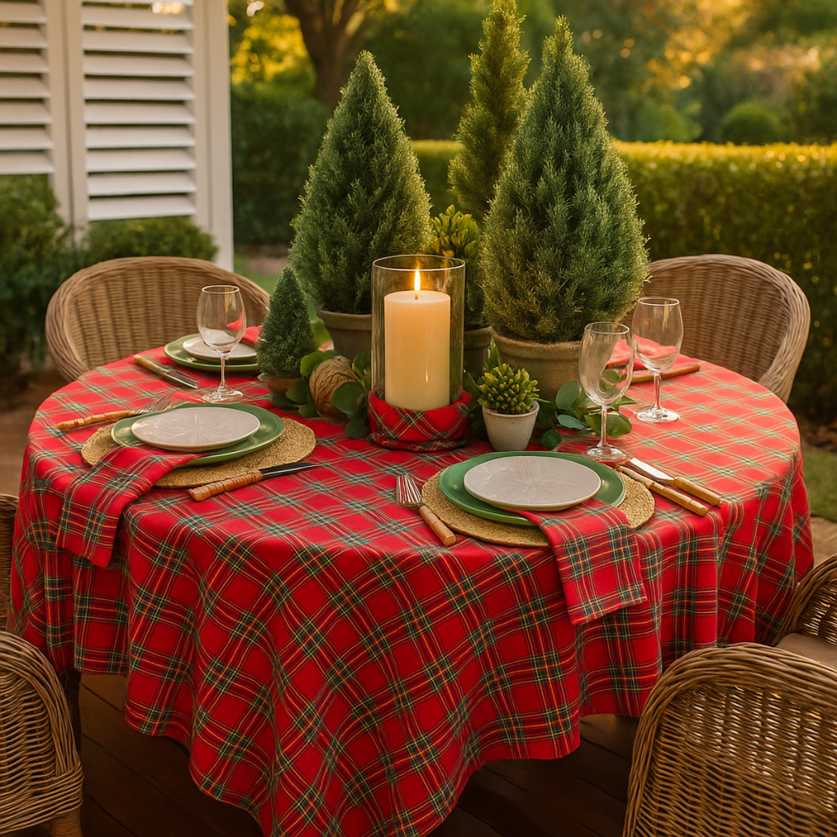 Round Dining table set with a red Christmas round  tartan tablecloth, plates, glasses, and candles outdoors.