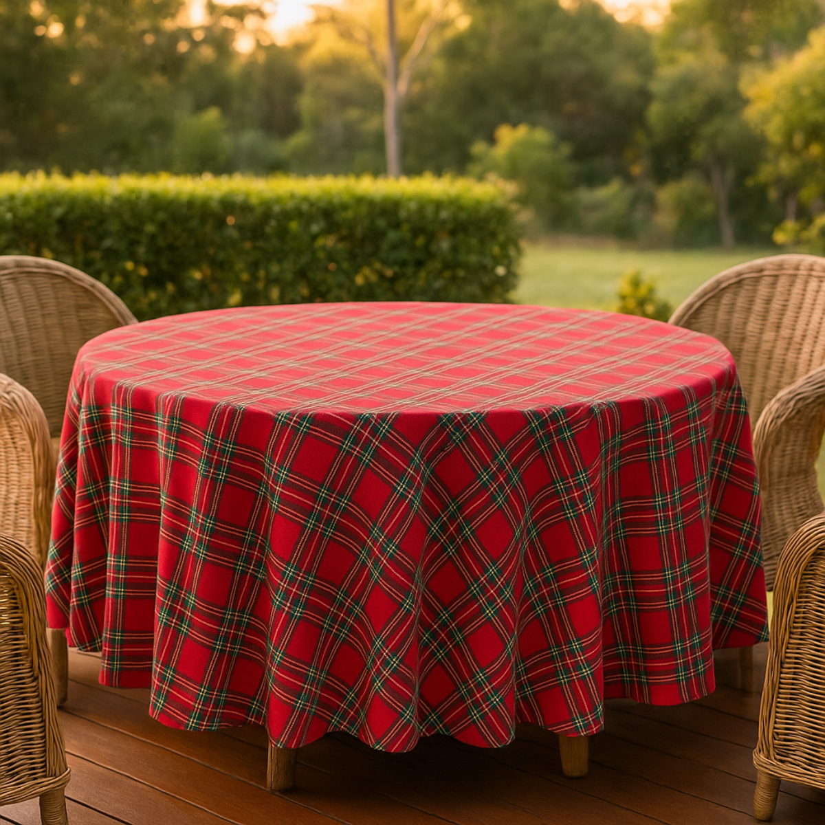 Round table with a red plaid tablecloth surrounded by wicker chairs outdoors.