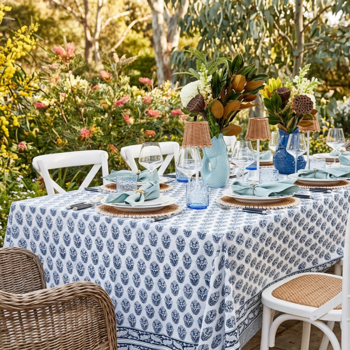 Rectangular blue floral hand block printed tablecloth in 180 x 270 cm on a dining table for eight to ten, with fresh flowers and woven chairs