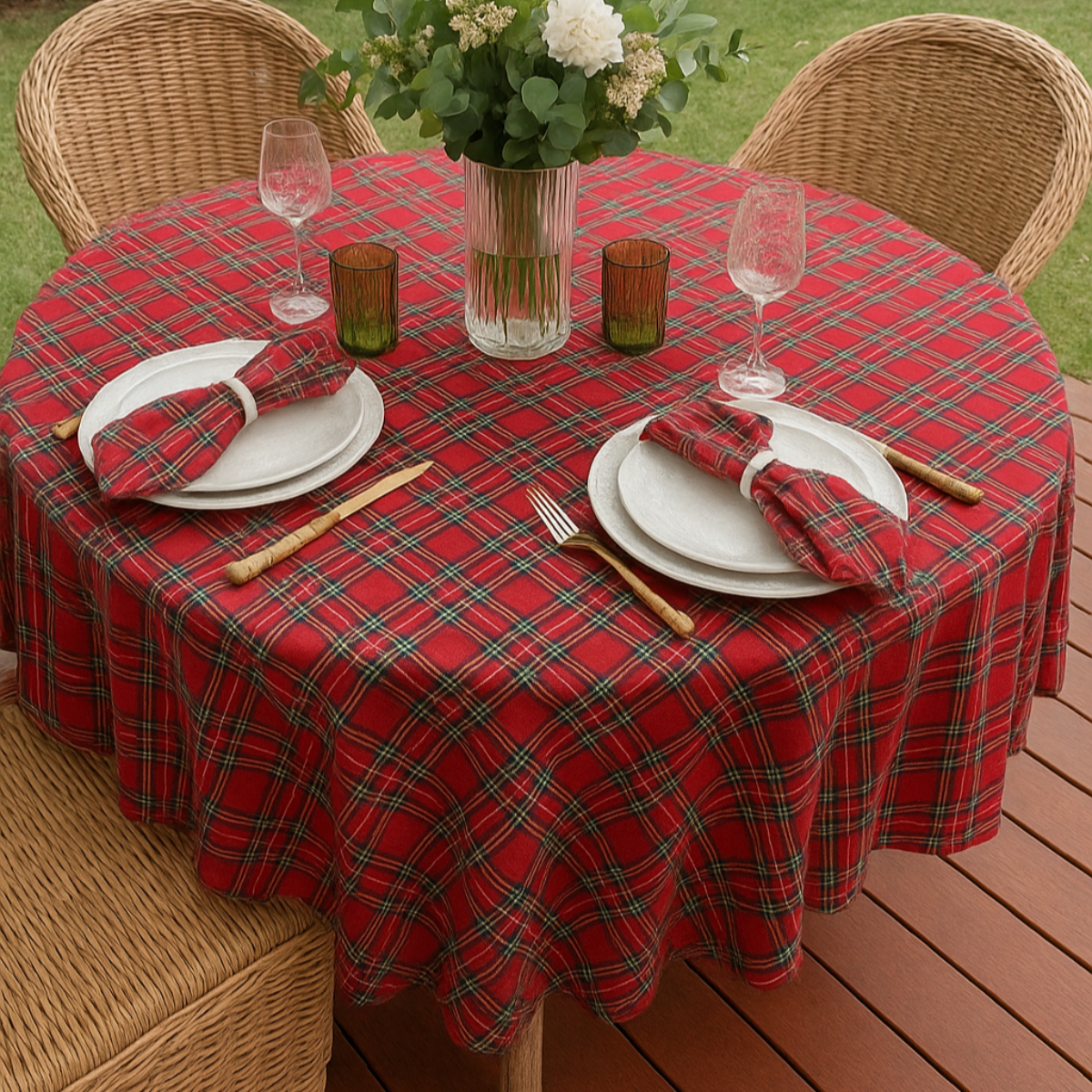 Round table set with a red plaid , tartan tablecloth, plates, napkins, and glasses on a wooden deck.