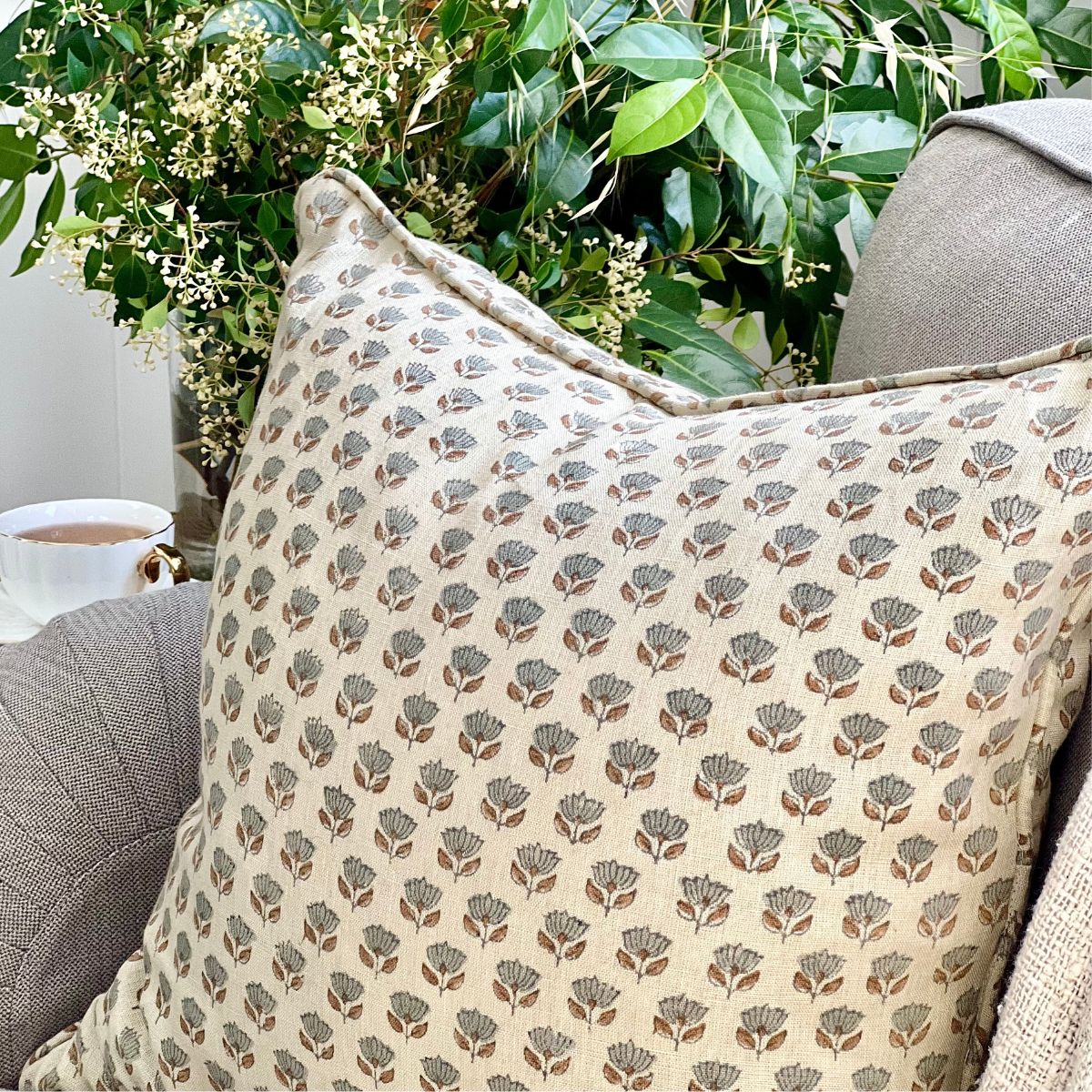 50 inches linen cushion cover floral block printed