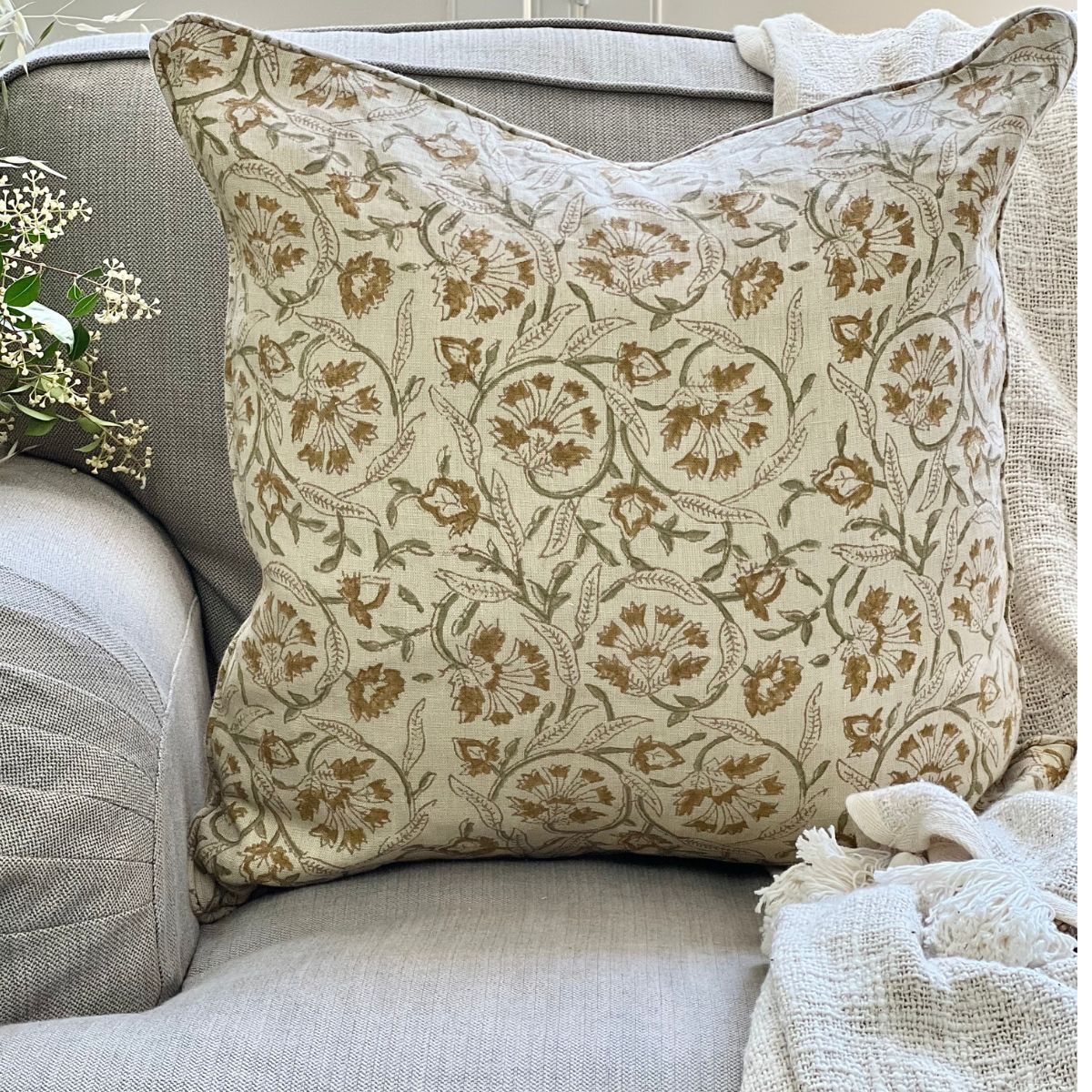 mustard floral linen cushion cover
