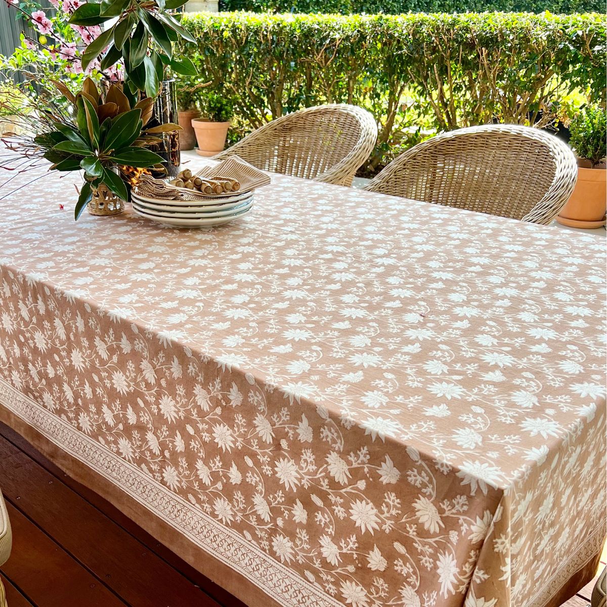 Large rectangular cotton tablecloth featuring australian native flannel flower pattern hand block printed