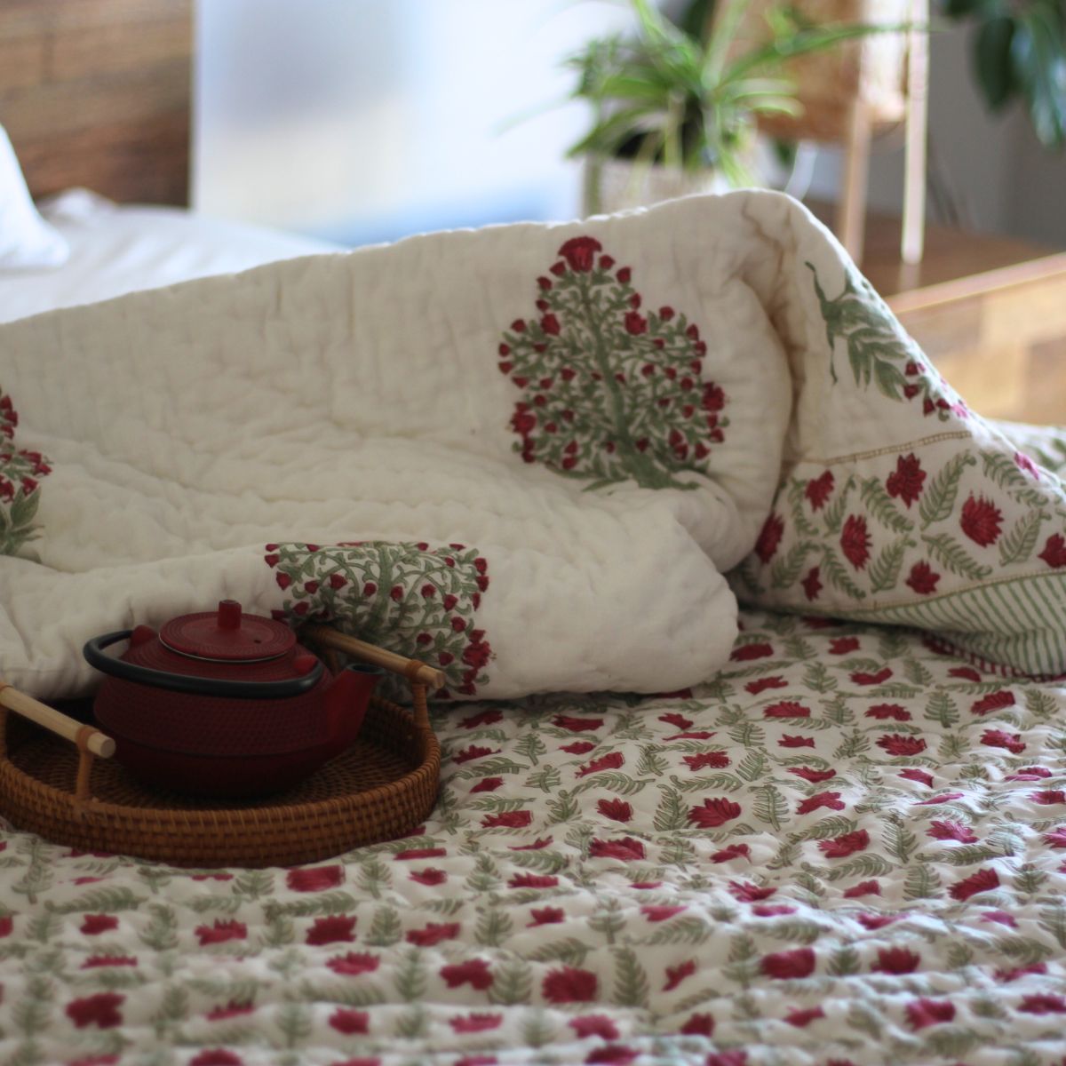Ruby red and green reversible cotton quilt- King and Queen