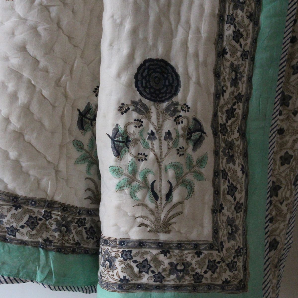 Stella blue and green reversible cotton quilt- King and Queen