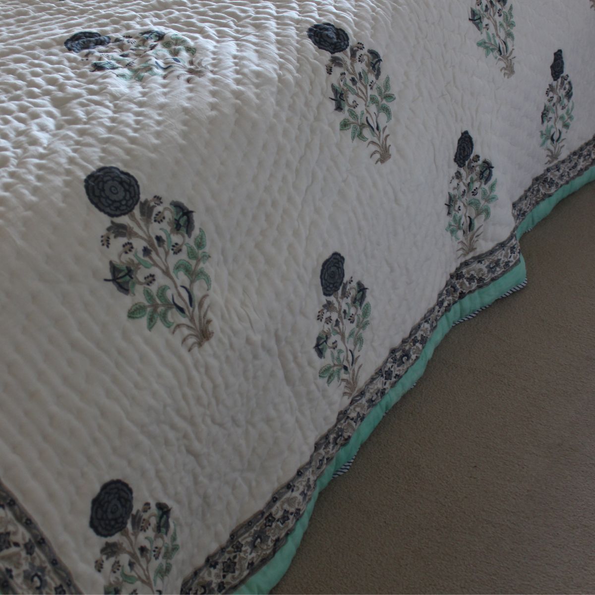 Stella blue and green reversible cotton quilt- King and Queen