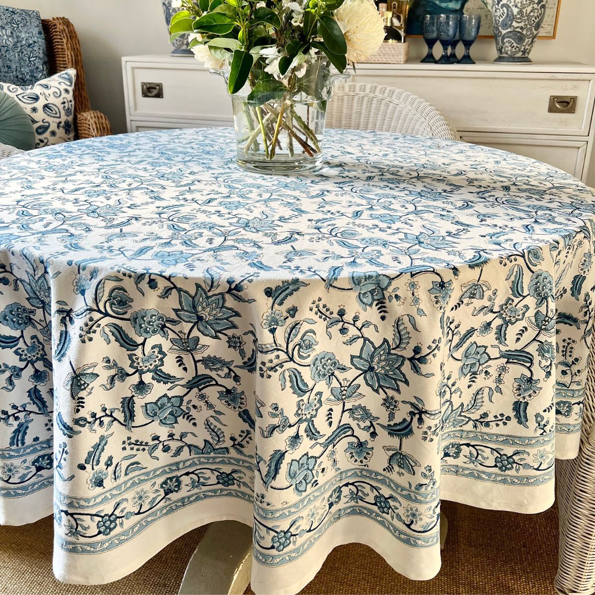 
A 180 cm Chintz monochrome blue hand block printed cotton round table linen for a relaxed 6 seater weekend brunch, a versatile everyday dining linen in intricate blue floral block print on premium cotton.