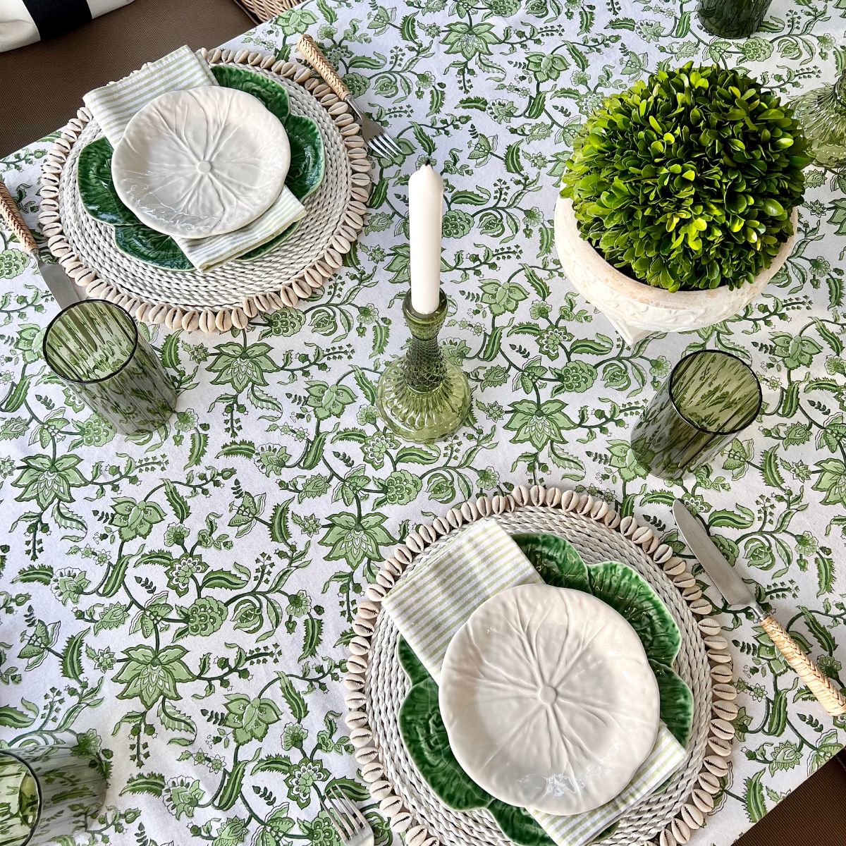 Top view of 150 x 220 cm Chintz monochrome green hand block printed cotton dining linen for a 6 seater table, a beautiful everyday tablecover for relaxed weekend brunch and informal Australian gatherings.