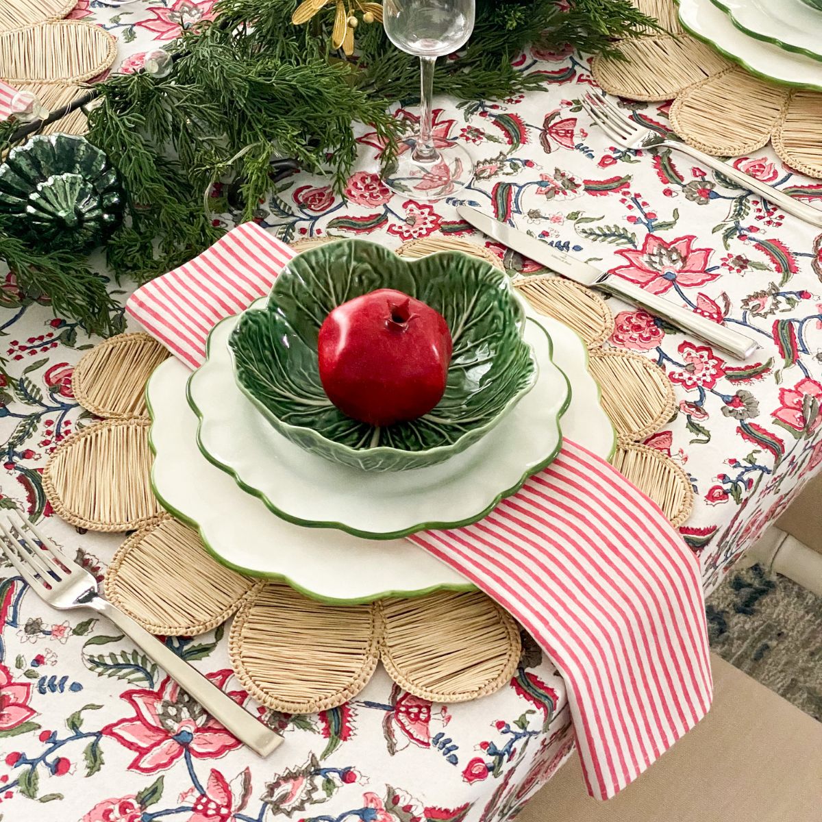 
Indian chintz multicoloured hand block printed table linen for an 8 to 10 seater Christmas table, a bold and vibrant festive dining linen that brings warmth and colour to Australian holiday entertaining.