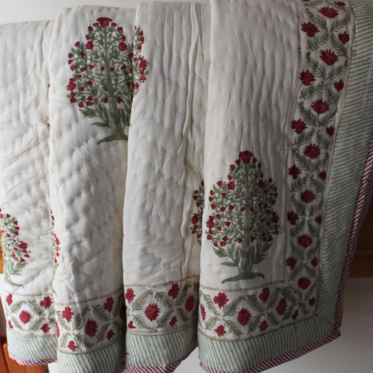 Ruby red and green reversible cotton quilt- King and Queen