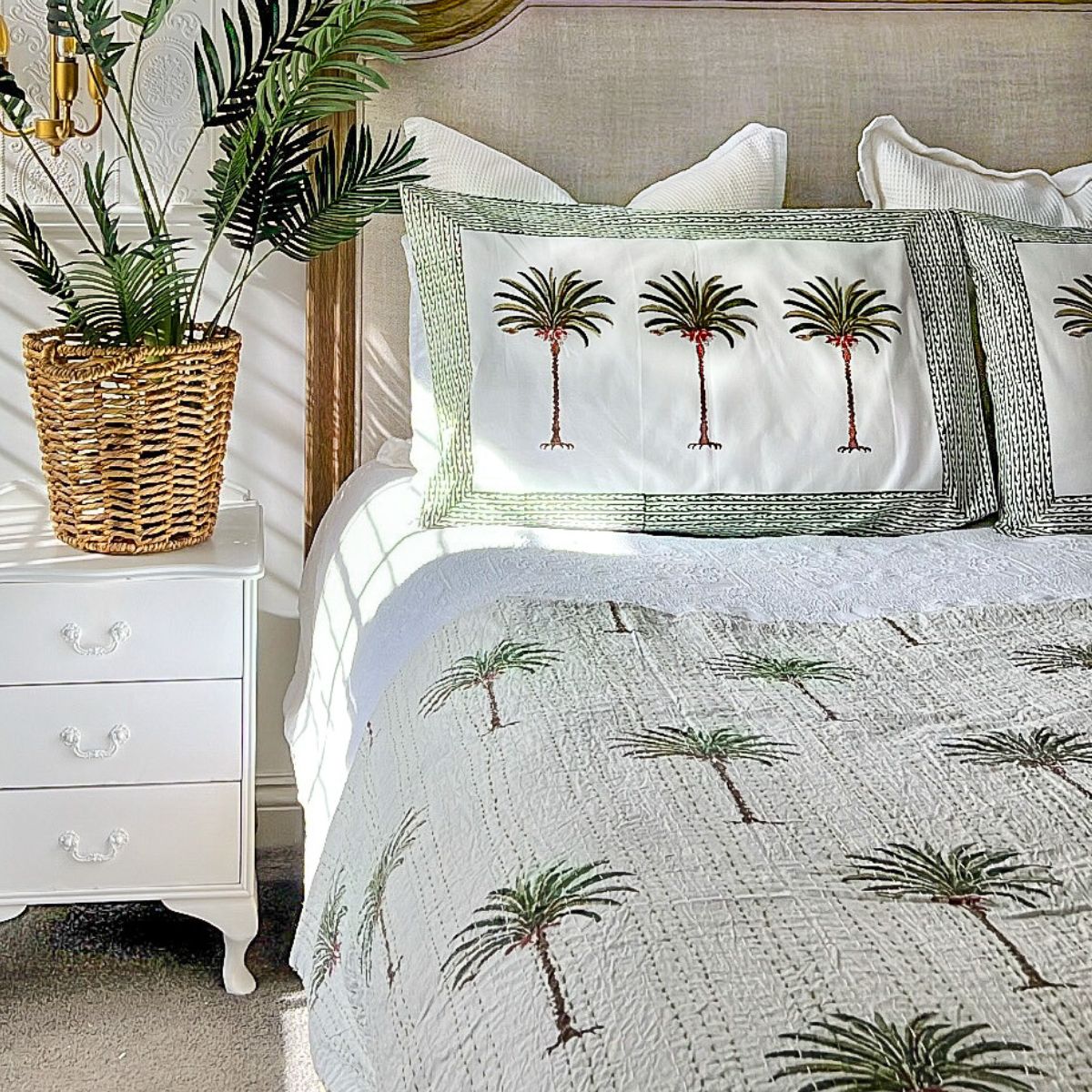 Green Palm Tree Kantha quilt/bedspread