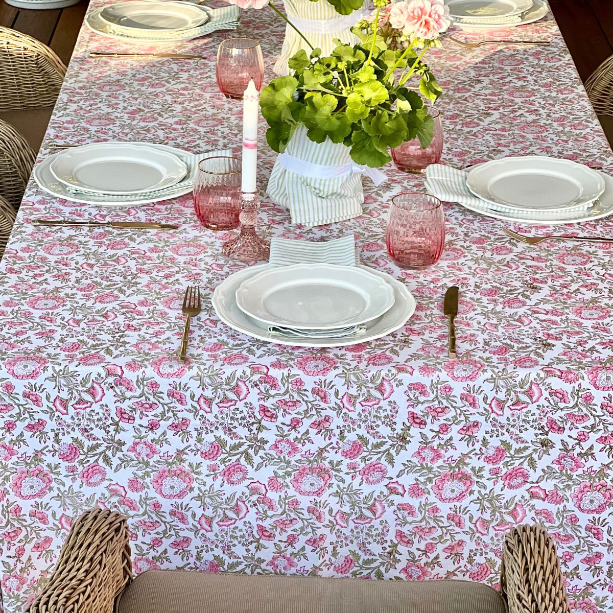 Beatrice pink and green square tablecloth