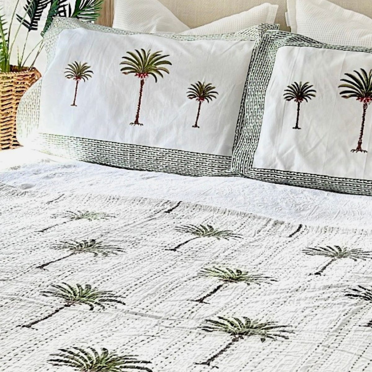 Green Palm Tree Kantha quilt/bedspread