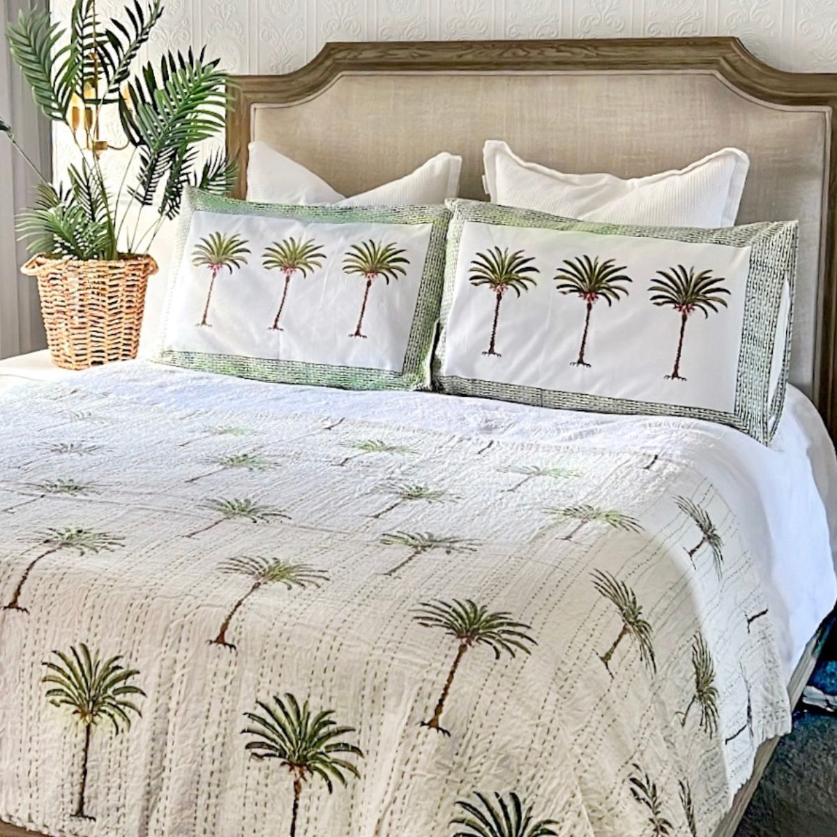 Green Palm Tree Kantha quilt/bedspread