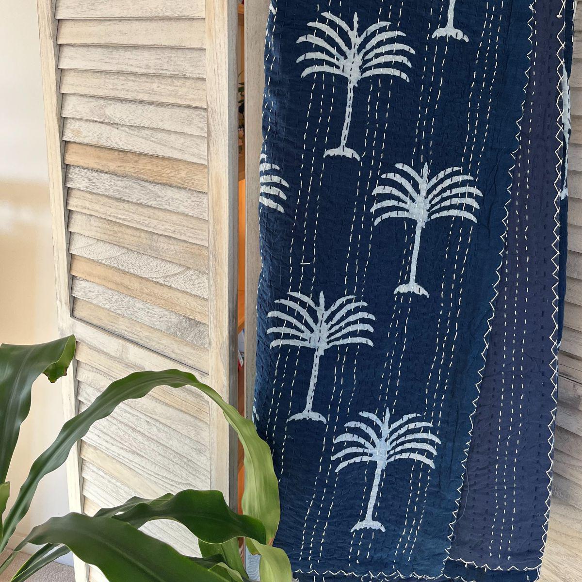 Palm tree Kantha quilt Indigo